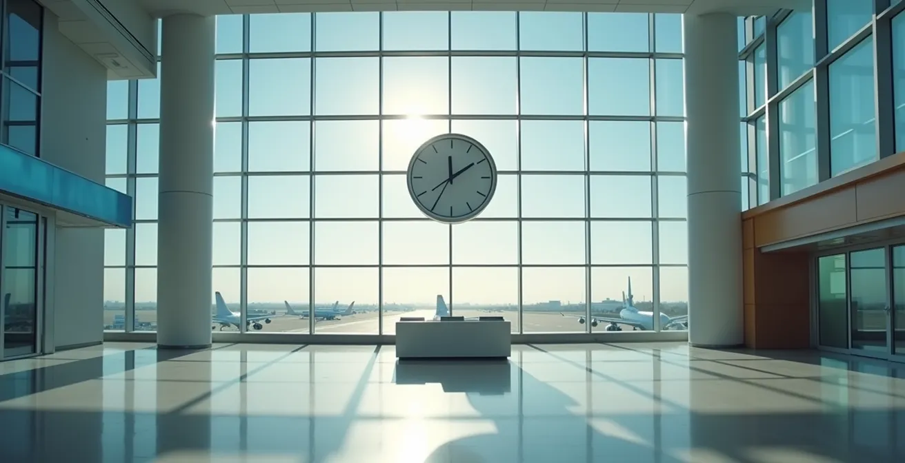 Grande horloge moderne dans un hall d'aéroport baigné de lumière