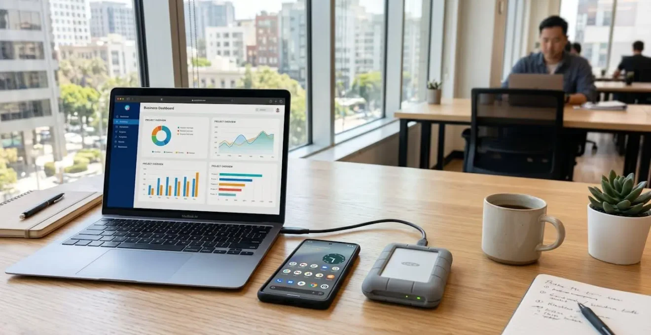 Plan large d'un espace de travail professionnel contemporain et minimaliste avec ordinateur portable fermé, smartphone et disque dur externe soigneusement organisés sur le bureau, lumière naturelle abondante par grande fenêtre, design intérieur moderne 2026, aucune personne visible