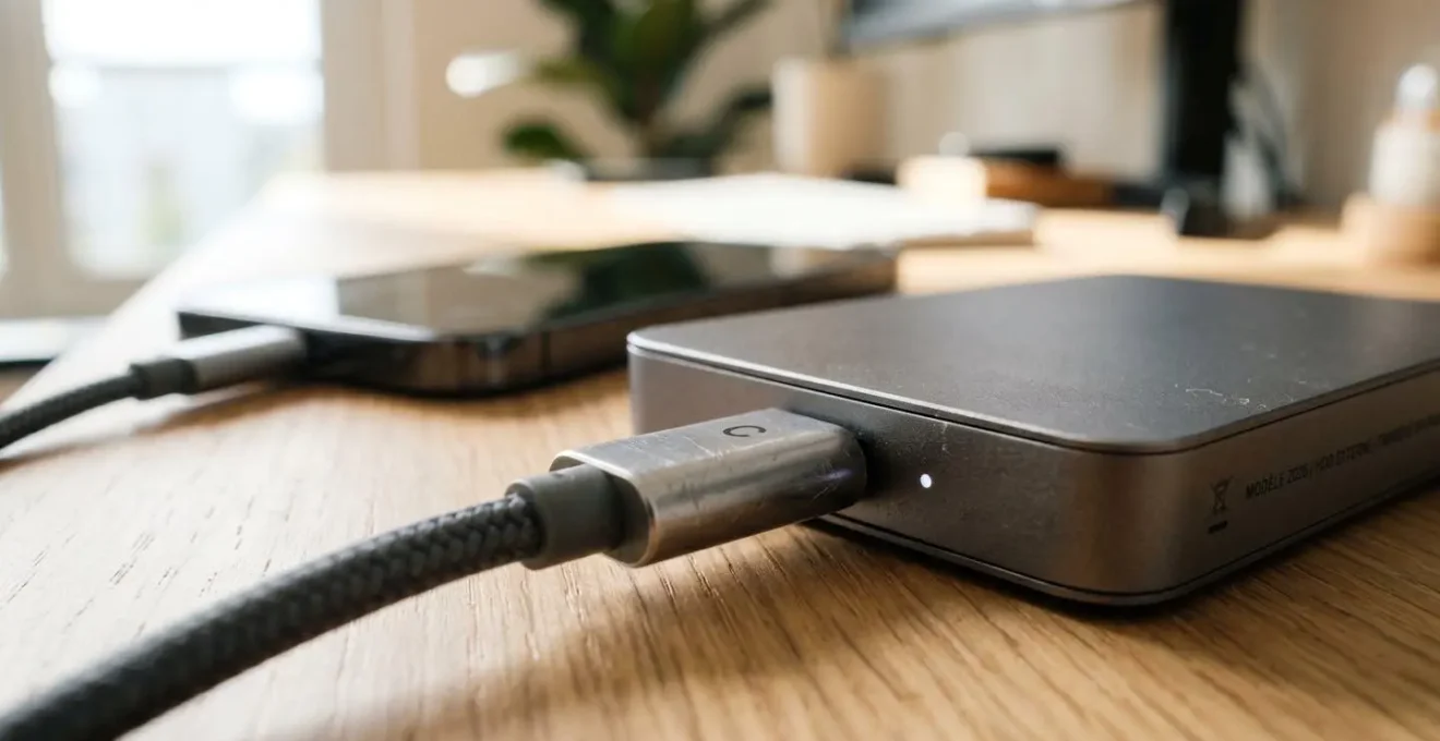 Gros plan extrême sur un câble USB-C connectant un smartphone moderne à un disque dur externe compact posé sur un bureau blanc contemporain, mise au point nette sur le point de connexion, arrière-plan flouté en bokeh