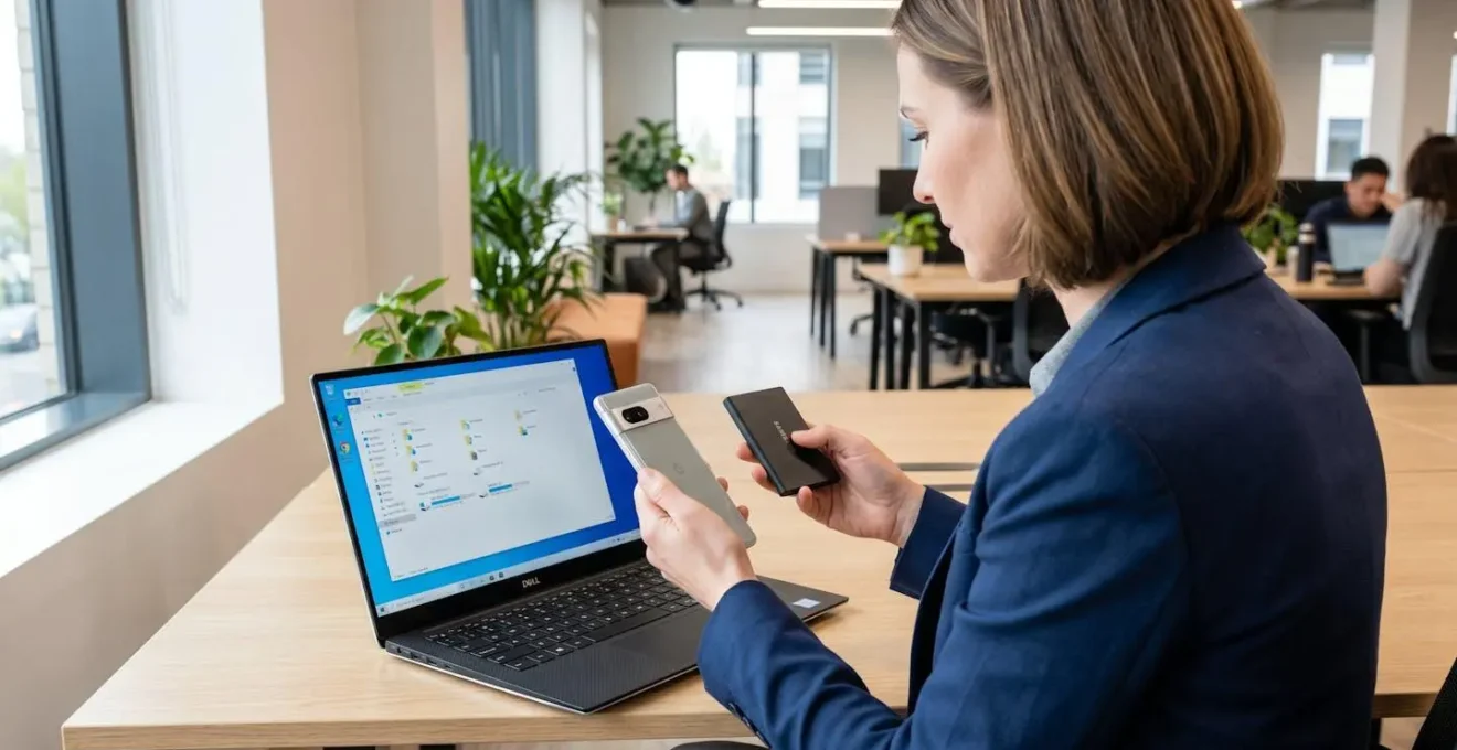 Une femme professionnelle dans un bureau moderne tient un smartphone d'une main et un petit disque dur externe de l'autre, vue par-dessus l'épaule, écrans floutés, environnement de travail contemporain