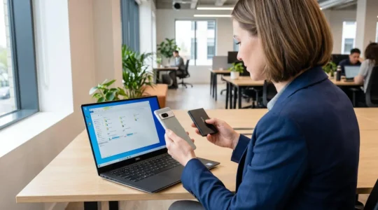 Une femme professionnelle dans un bureau moderne tient un smartphone d'une main et un petit disque dur externe de l'autre, vue par-dessus l'épaule, écrans floutés, environnement de travail contemporain