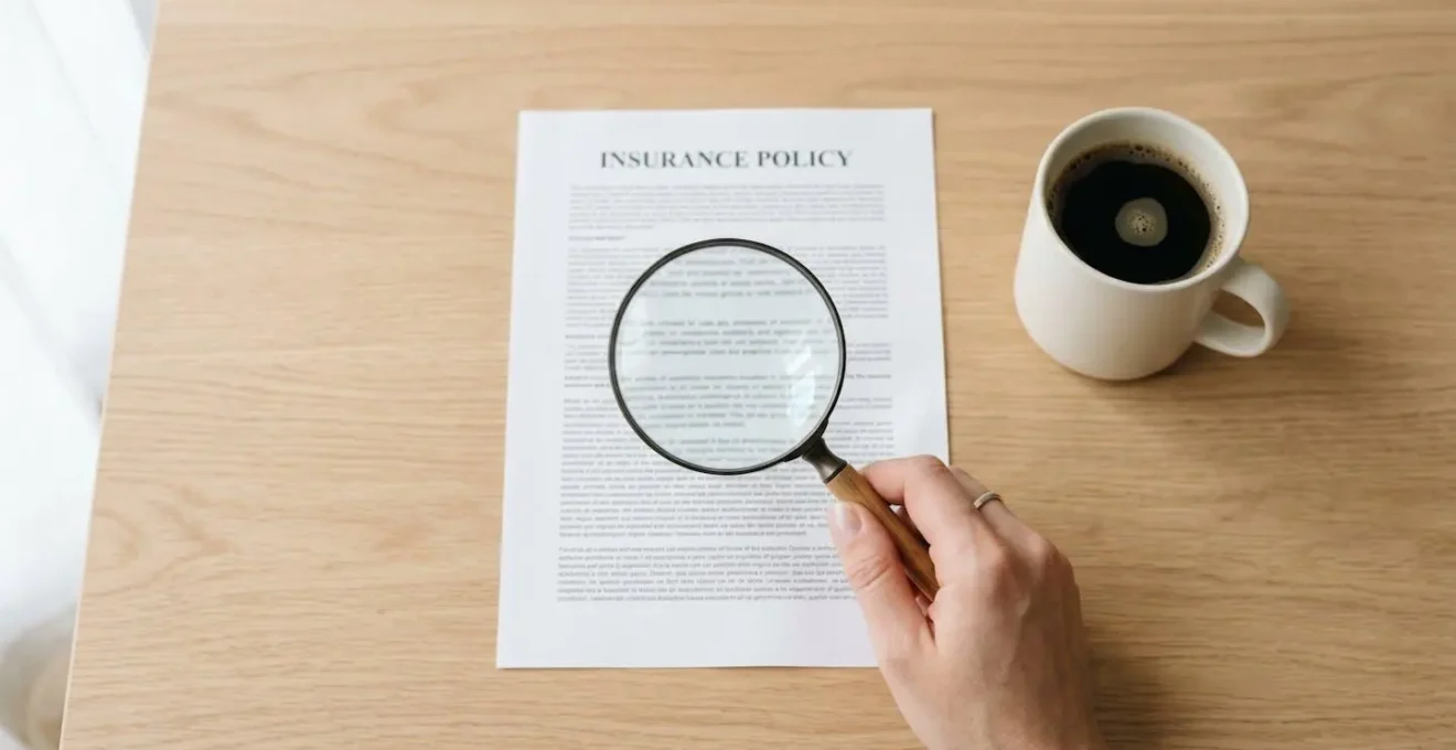 Une main examine un contrat d'assurance avec une loupe sur une table en bois.