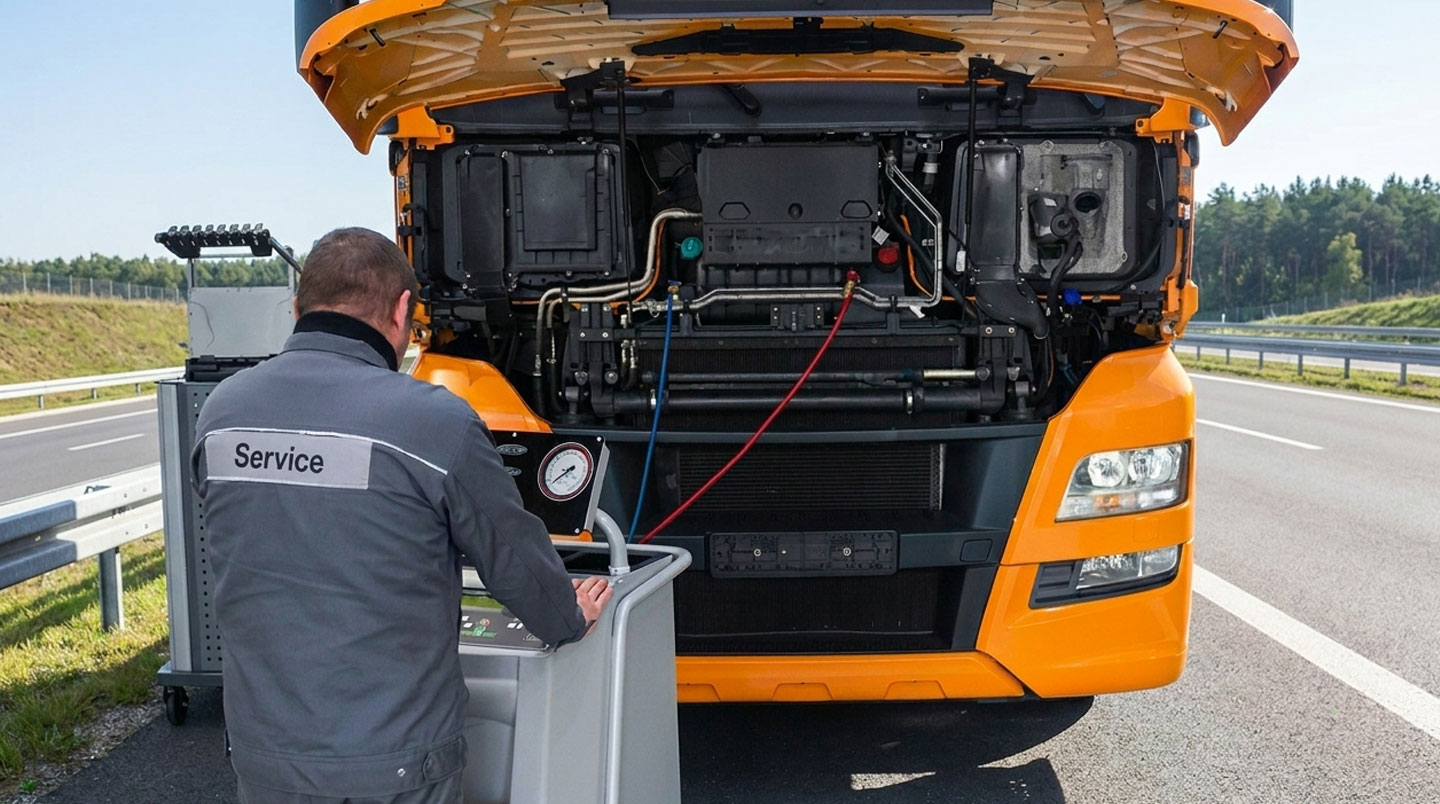 Technicien utilisant un outil de diagnostic électronique à l'intérieur de la cabine d'un camion lourd, tableau de bord visible, lumière naturelle de jour
