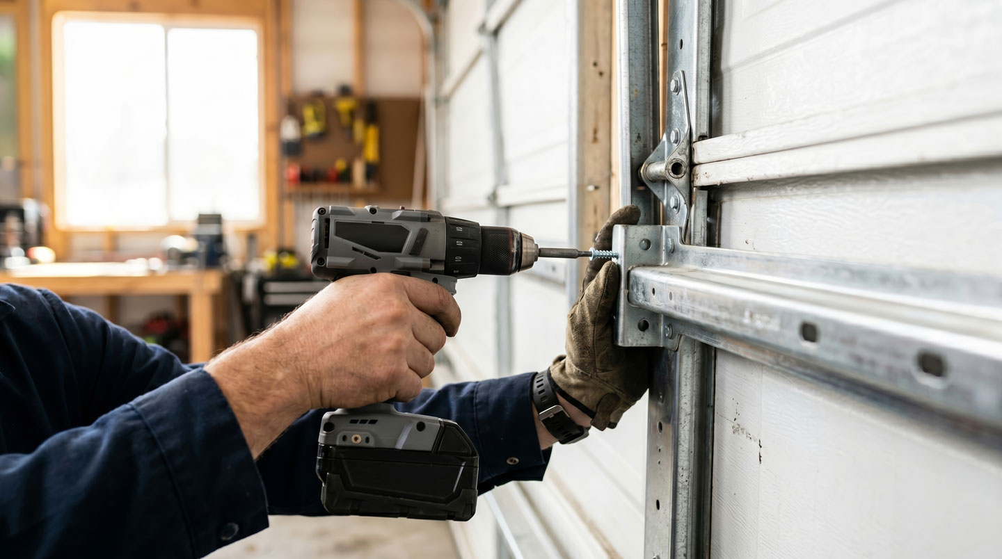 Technicien professionnel en vêtements hiver ajustant installation porte garage sectionnelle sur façade résidentielle québécoise, camion service arrière-plan, neige au sol