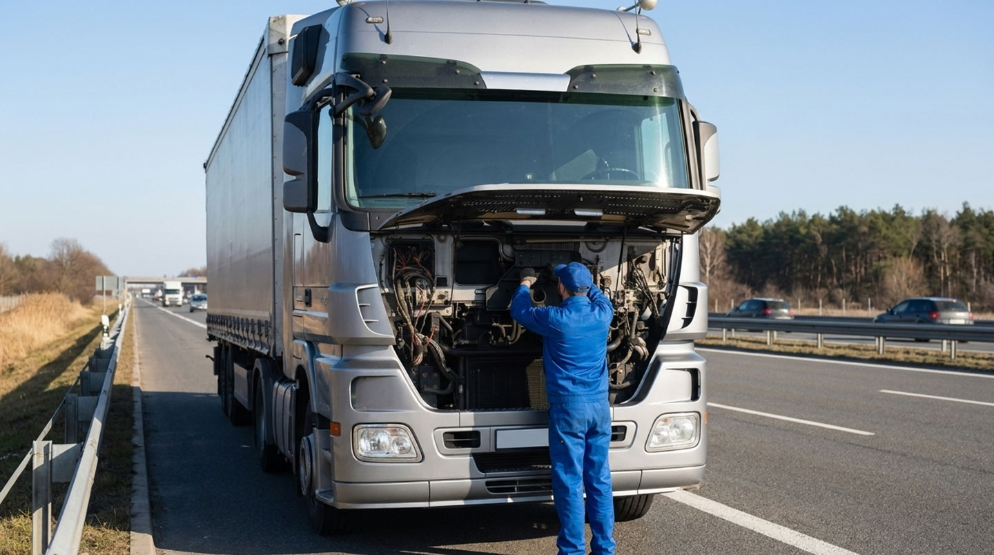 Gestionnaire de flotte debout dans un dépôt de camions, téléphone à l'oreille, semi-remorques visibles en arrière-plan, expression concentrée