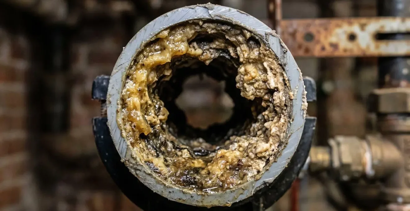Section transversale d'un tuyau de canalisation montrant l'accumulation de graisses et de dépôts calcaires sur les parois intérieures