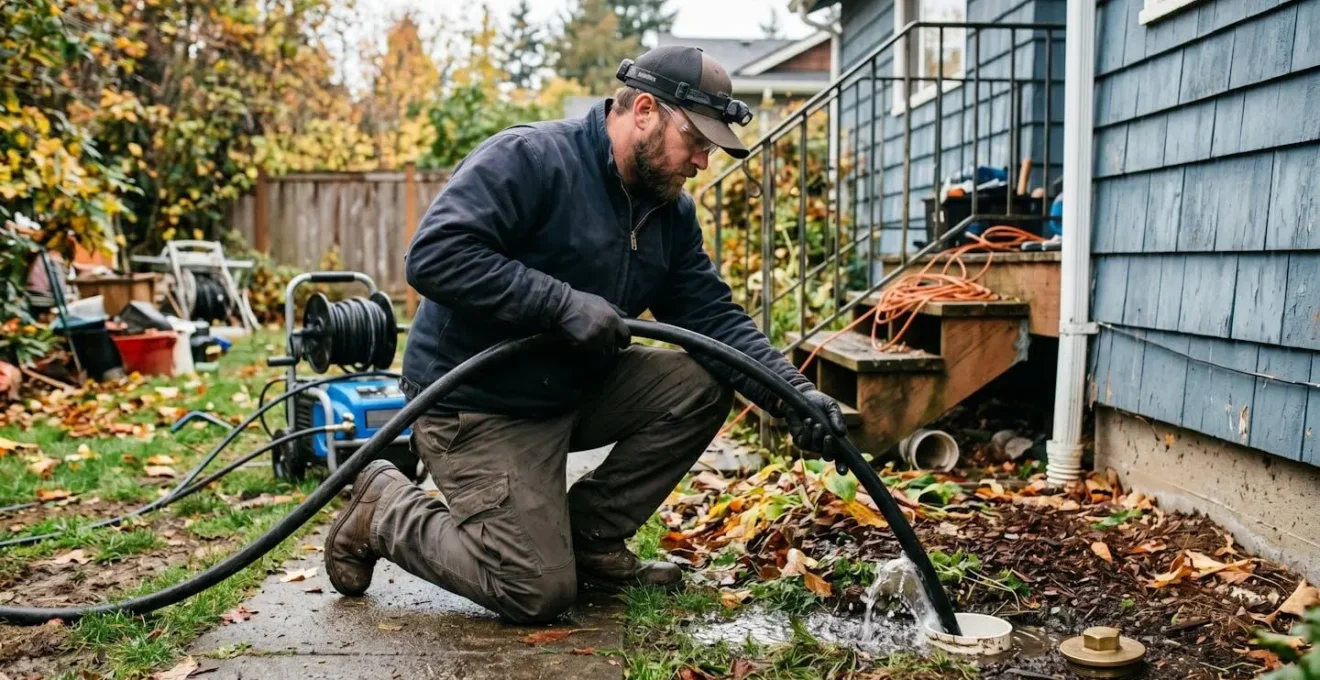 Technicien effectuant un nettoyage haute pression préventif d'un drain résidentiel dans une cour de maison individuelle