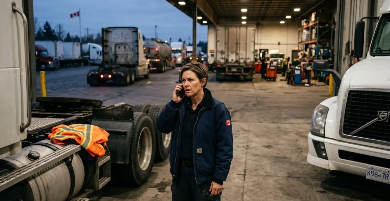 Gestionnaire de flotte debout dans un dépôt de camions, téléphone à l'oreille, semi-remorques visibles en arrière-plan, expression concentrée