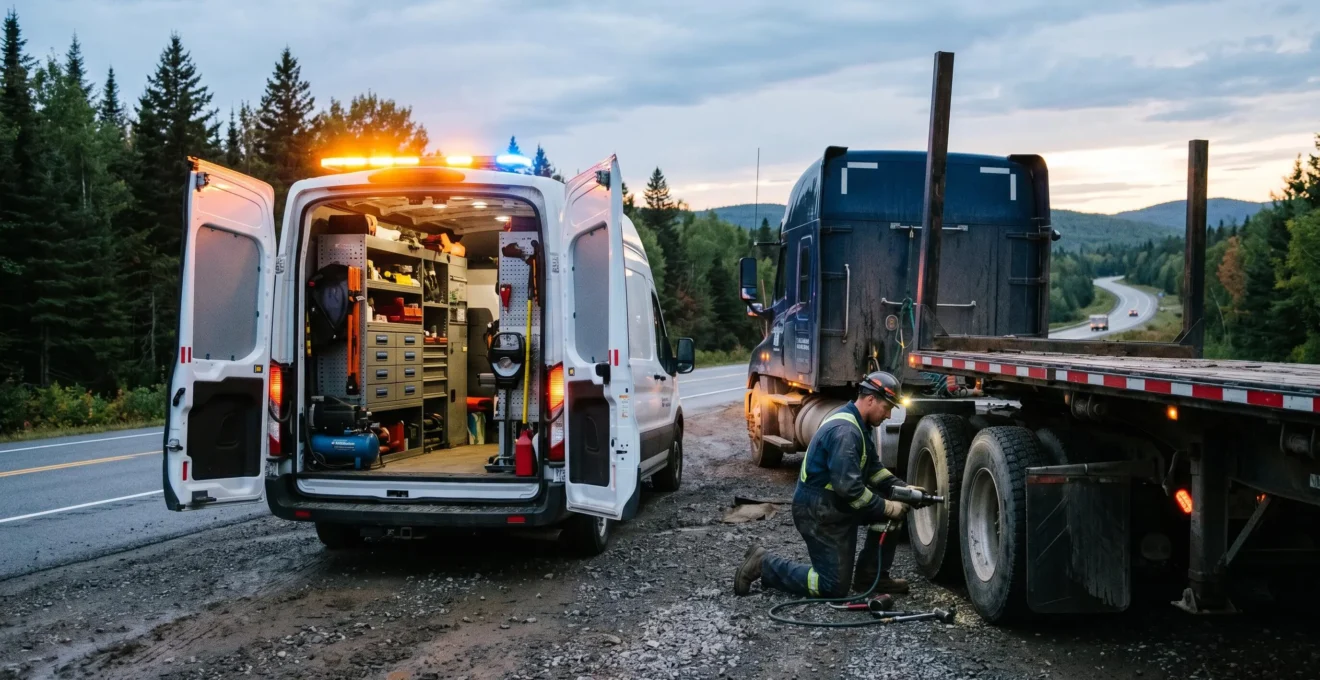 Mécanicien en tenue de travail intervenant sur un semi-remorque immobilisé sur le côté d'une route au Québec, équipement mobile ouvert, lumières d'urgence allumées