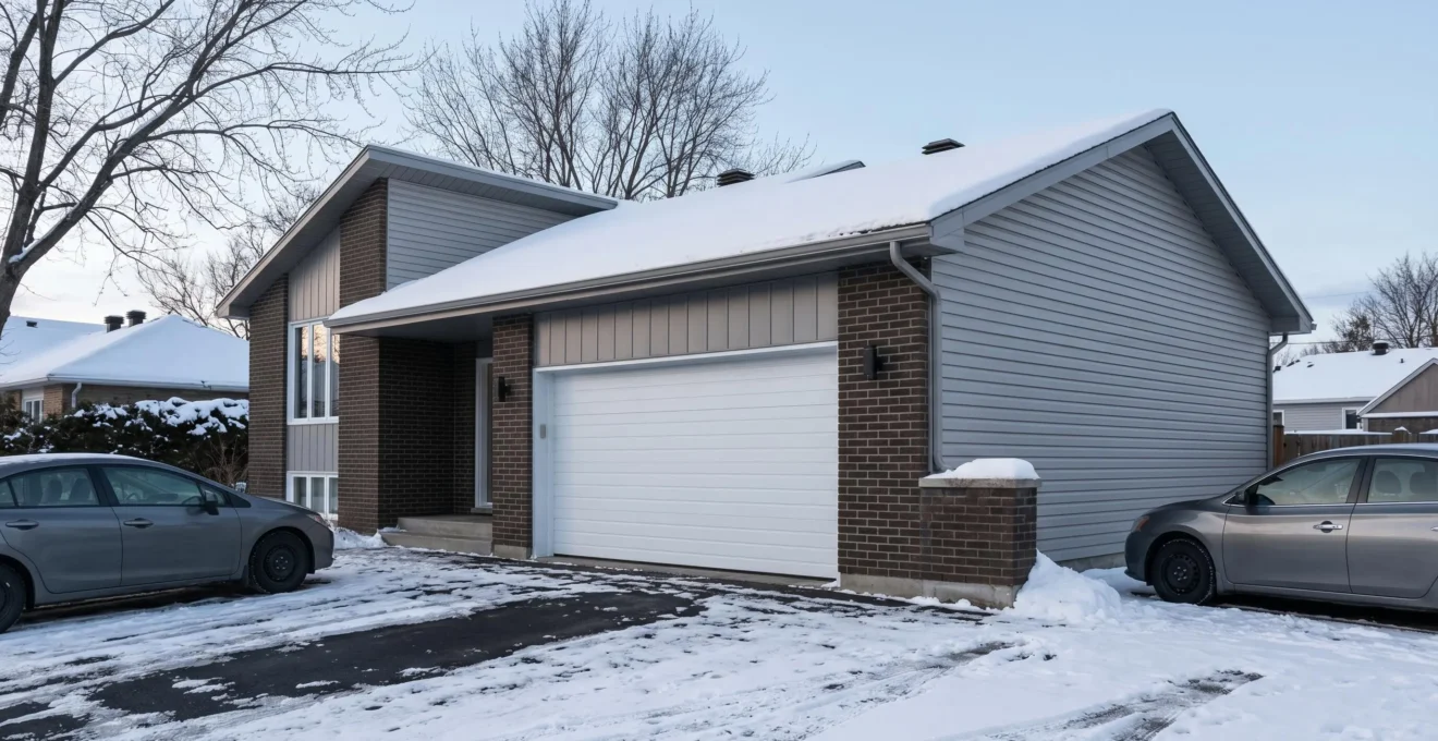 Porte de garage sectionnelle blanche moderne installée sur façade résidentielle québécoise en hiver, panneaux horizontaux visibles, neige légère au sol, lumière naturelle douce