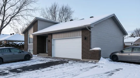 Porte de garage sectionnelle blanche moderne installée sur façade résidentielle québécoise en hiver, panneaux horizontaux visibles, neige légère au sol, lumière naturelle douce