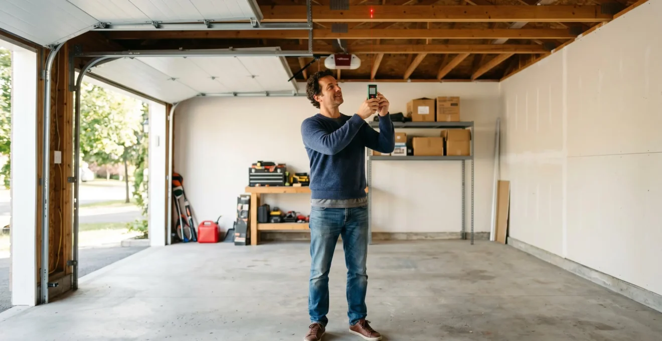 Propriétaire mesurant hauteur sous plafond garage avec mètre laser, intérieur garage résidentiel lumineux, préparation avant consultation professionnelle