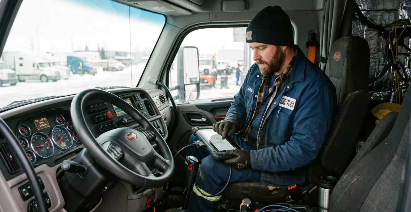 Technicien utilisant un outil de diagnostic électronique à l'intérieur de la cabine d'un camion lourd, tableau de bord visible, lumière naturelle de jour