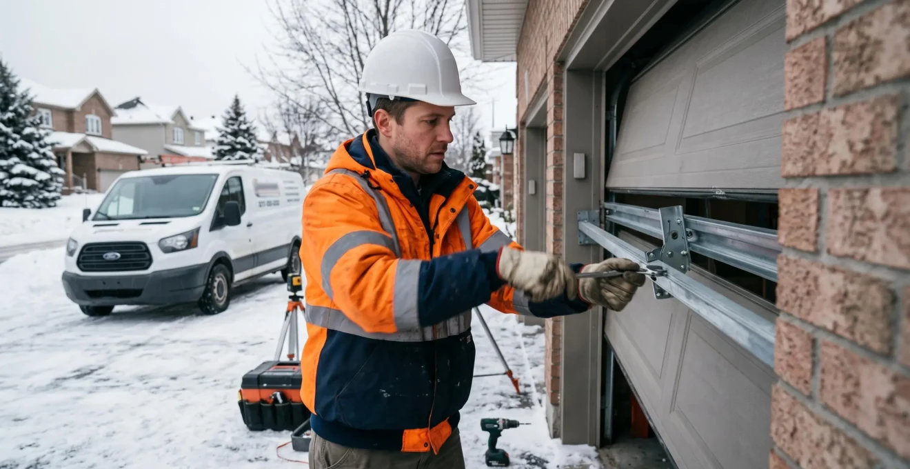 Technicien professionnel en vêtements hiver ajustant installation porte garage sectionnelle sur façade résidentielle québécoise, camion service arrière-plan, neige au sol