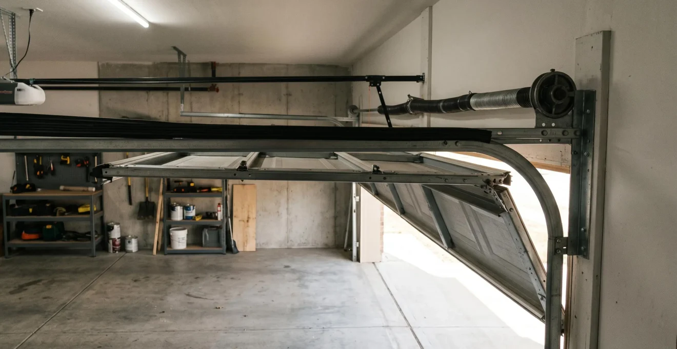 Vue intérieure garage montrant mécanisme porte sectionnelle partiellement ouverte, rails horizontaux et panneaux articulés visibles, ressorts torsion apparents