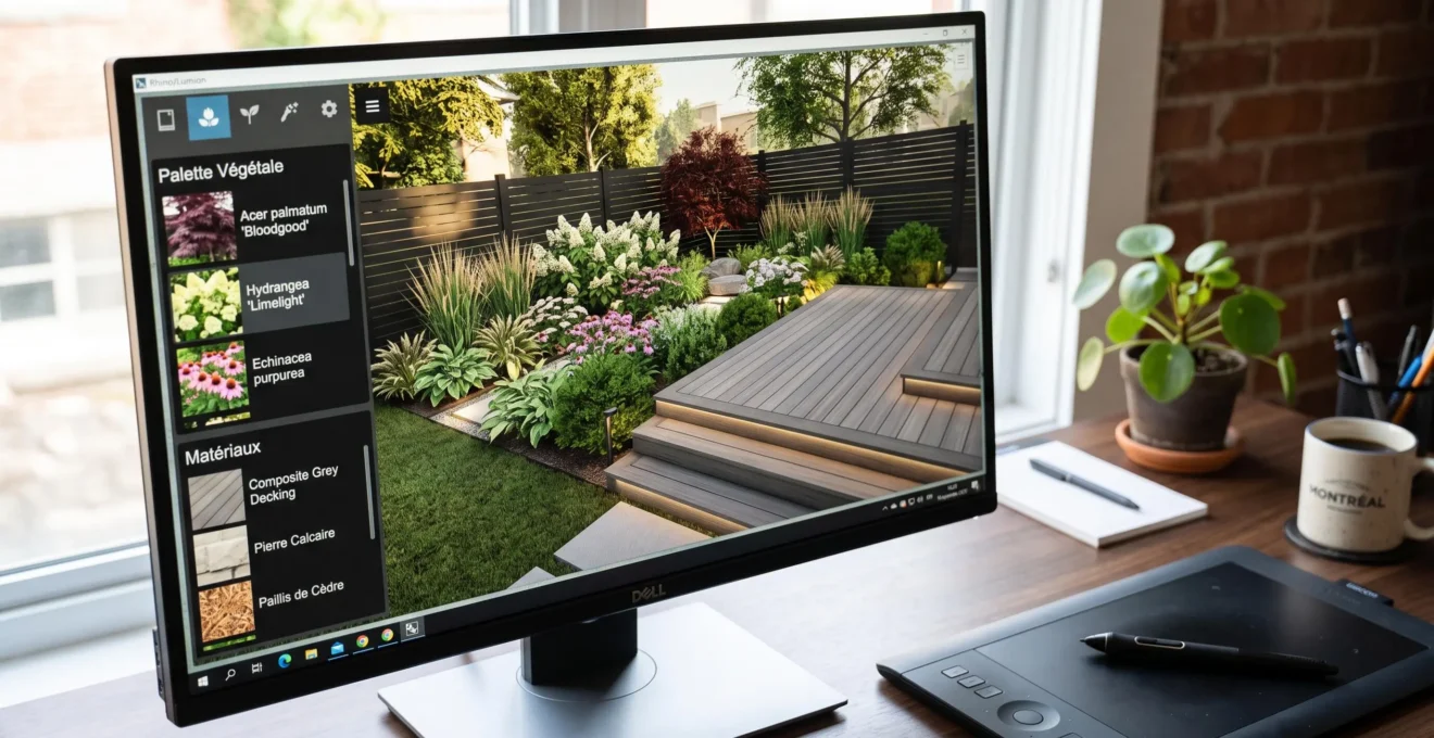Écran d'ordinateur affichant un rendu 3D photoréaliste d'aménagement paysager avec terrasse, végétation et éclairage, interface logiciel professionnel visible