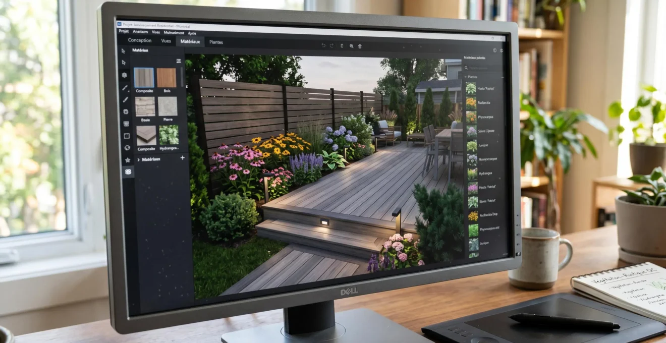 Écran d'ordinateur affichant un rendu 3D photoréaliste d'aménagement paysager avec terrasse, végétation et éclairage, interface logiciel professionnel visible