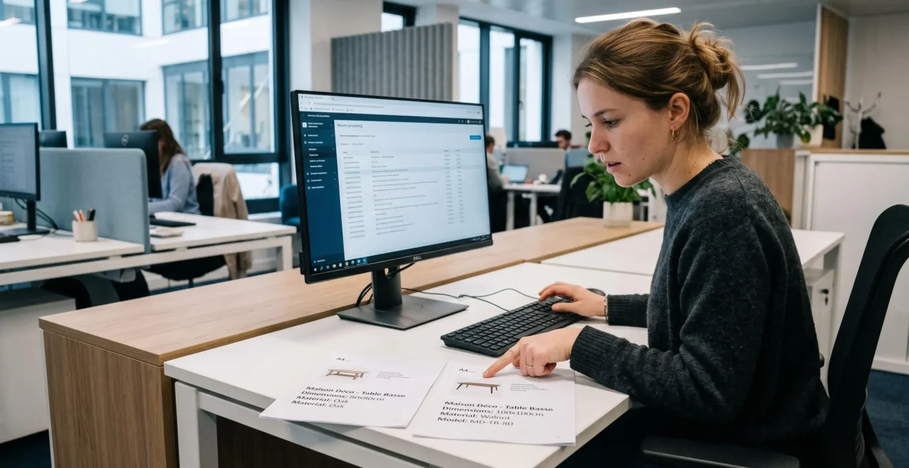 Employé du service client comparant des fiches produits imprimées présentant des informations contradictoires dans un bureau moderne