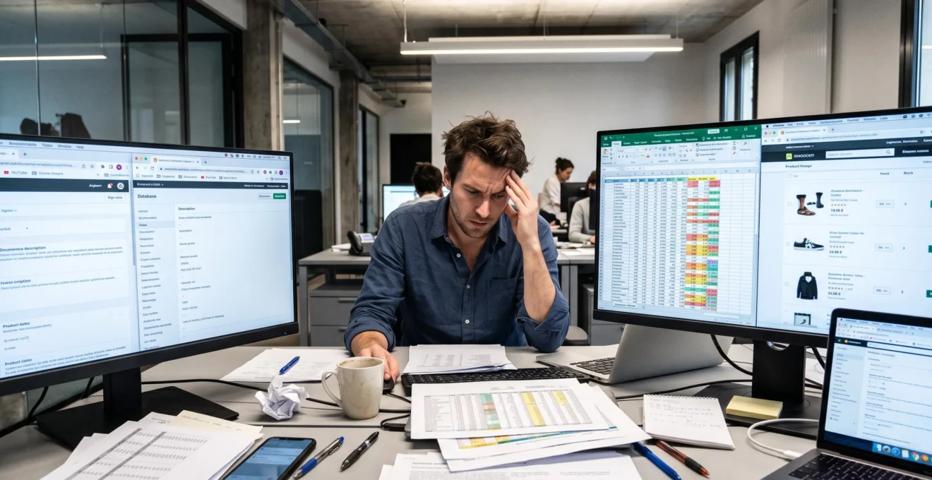 Employé travaillant sur des données produits dispersées dans un bureau moderne, avec plusieurs écrans affichant tableurs Excel et interfaces e-commerce désorganisées