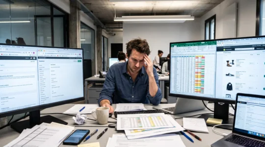 Employé travaillant sur des données produits dispersées dans un bureau moderne, avec plusieurs écrans affichant tableurs Excel et interfaces e-commerce désorganisées