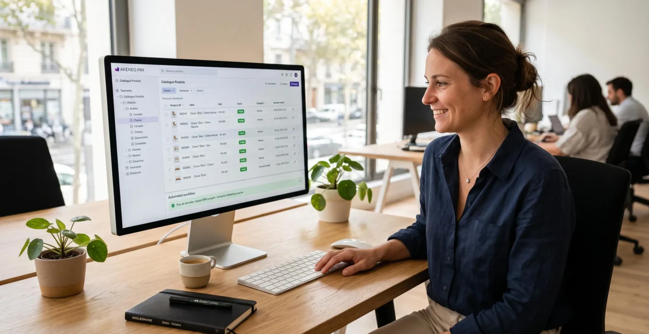 Interface de logiciel PIM moderne affichant des données produits bien structurées avec hiérarchie claire et workflows organisés