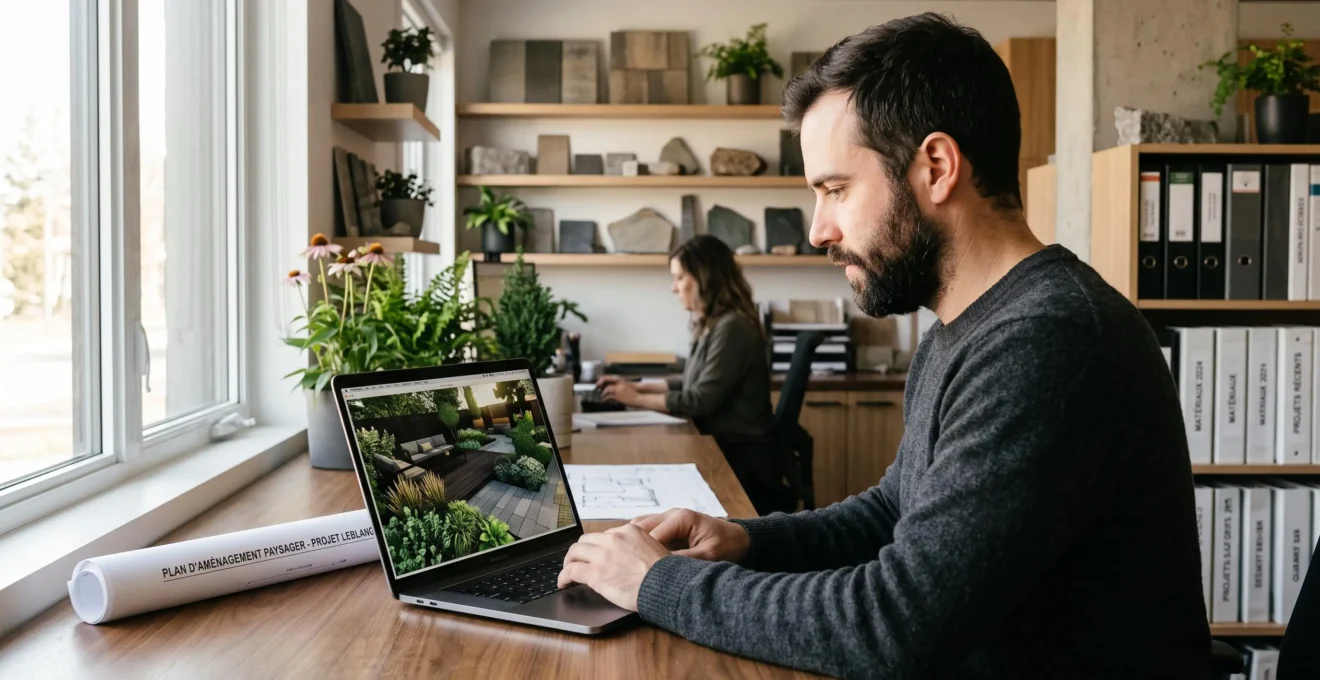 Paysagiste professionnel utilisant un logiciel de modélisation 3D pour créer un plan d'aménagement extérieur, dans un bureau d'architecte paysagiste avec échantillons de matériaux et plantes