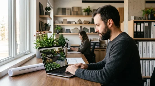 Paysagiste professionnel utilisant un logiciel de modélisation 3D pour créer un plan d'aménagement extérieur, dans un bureau d'architecte paysagiste avec échantillons de matériaux et plantes