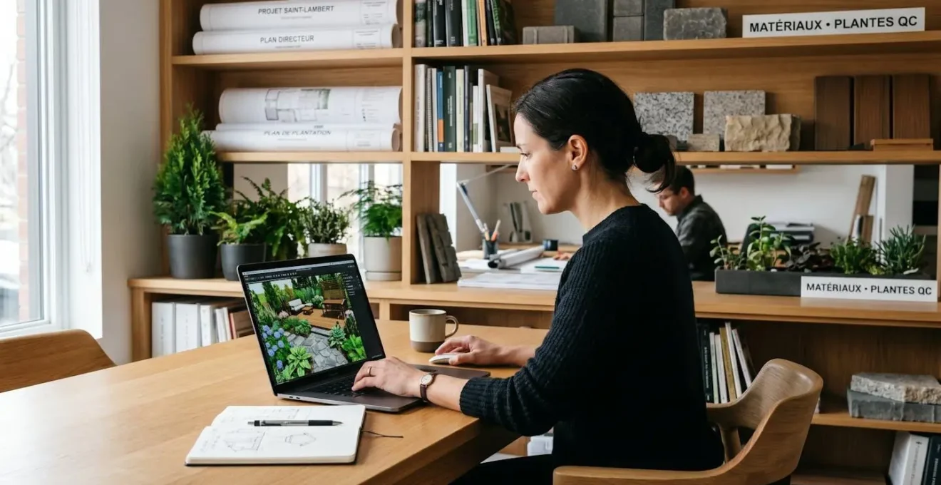 Paysagiste professionnel utilisant un logiciel de modélisation 3D pour créer un plan d'aménagement extérieur, dans un bureau d'architecte paysagiste avec échantillons de matériaux et plantes