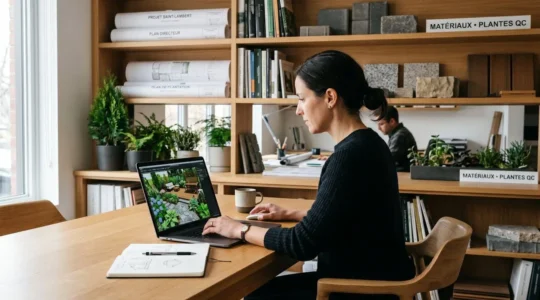 Paysagiste professionnel utilisant un logiciel de modélisation 3D pour créer un plan d'aménagement extérieur, dans un bureau d'architecte paysagiste avec échantillons de matériaux et plantes