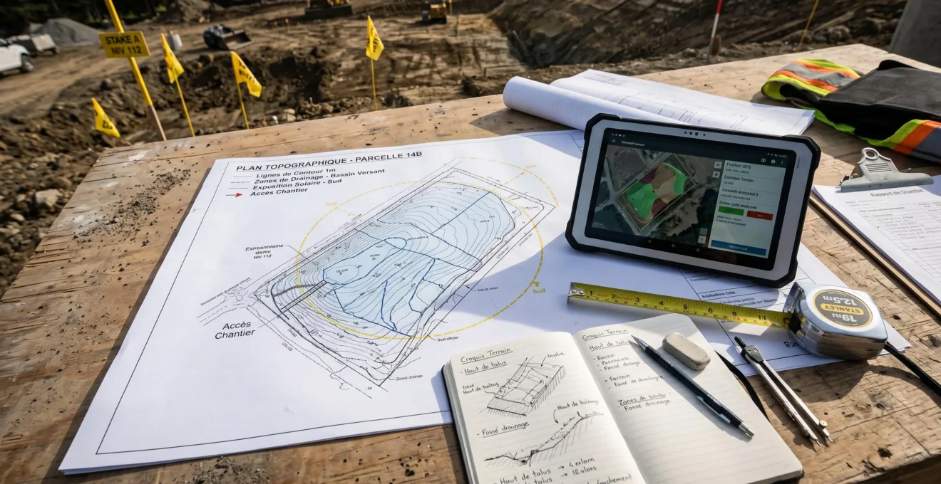 Plan topographique avec courbes de niveau et annotations techniques, tablette numérique affichant données GPS, outils de mesure professionnels sur table de travail paysagiste