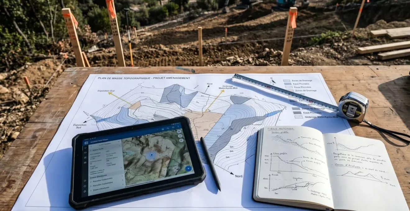 Plan topographique avec courbes de niveau et annotations techniques, tablette numérique affichant données GPS, outils de mesure professionnels sur table de travail paysagiste