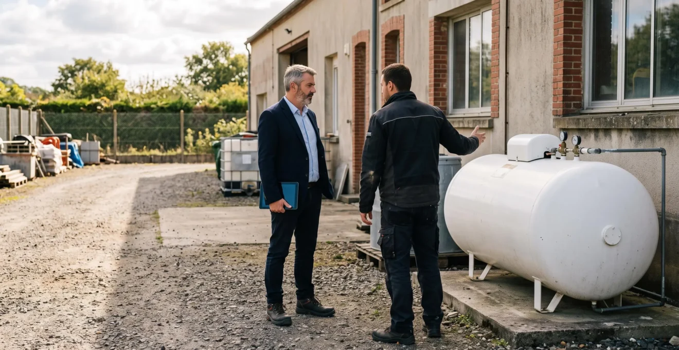 Un gestionnaire de site et un conseiller discutent à côté d'une citerne de gaz propane installée dans la cour d'un local professionnel.