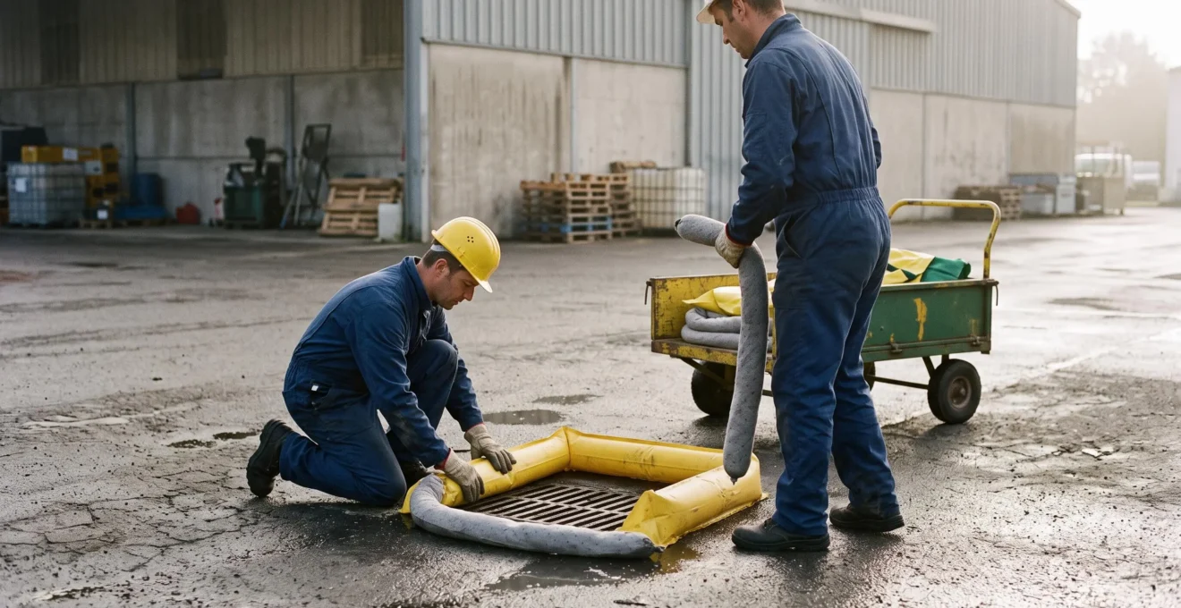 Deux intervenants installent des barrages absorbants autour d'un regard d'eaux pluviales lors d'un exercice de pollution sur un site industriel.