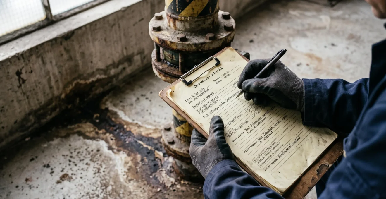 Un expert en assurance note sur un document les traces d'une fuite au pied d'une canalisation industrielle.