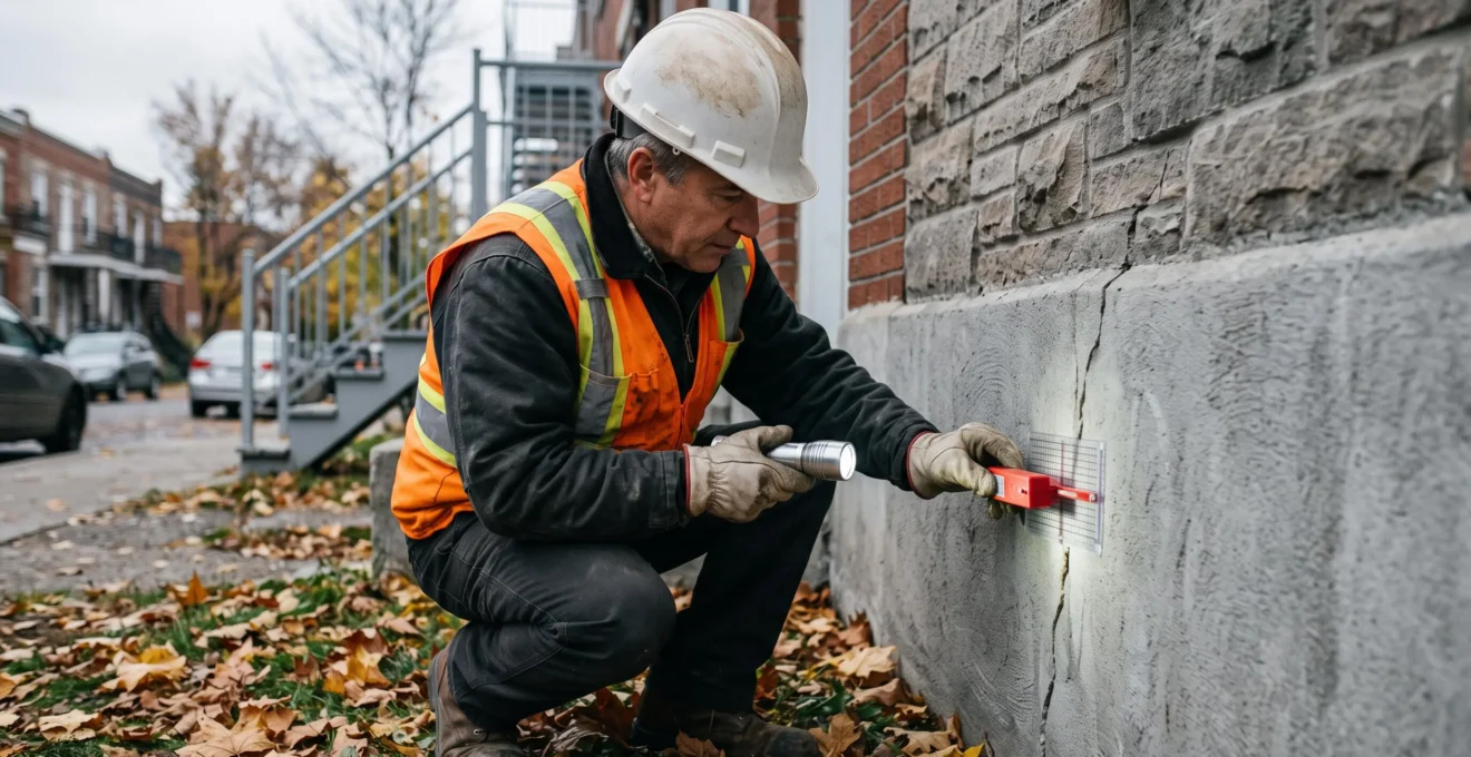 Un inspecteur en gilet de sécurité accroupi examine avec une lampe de poche une fissure à la fondation en pierre d'un duplex montréalais.