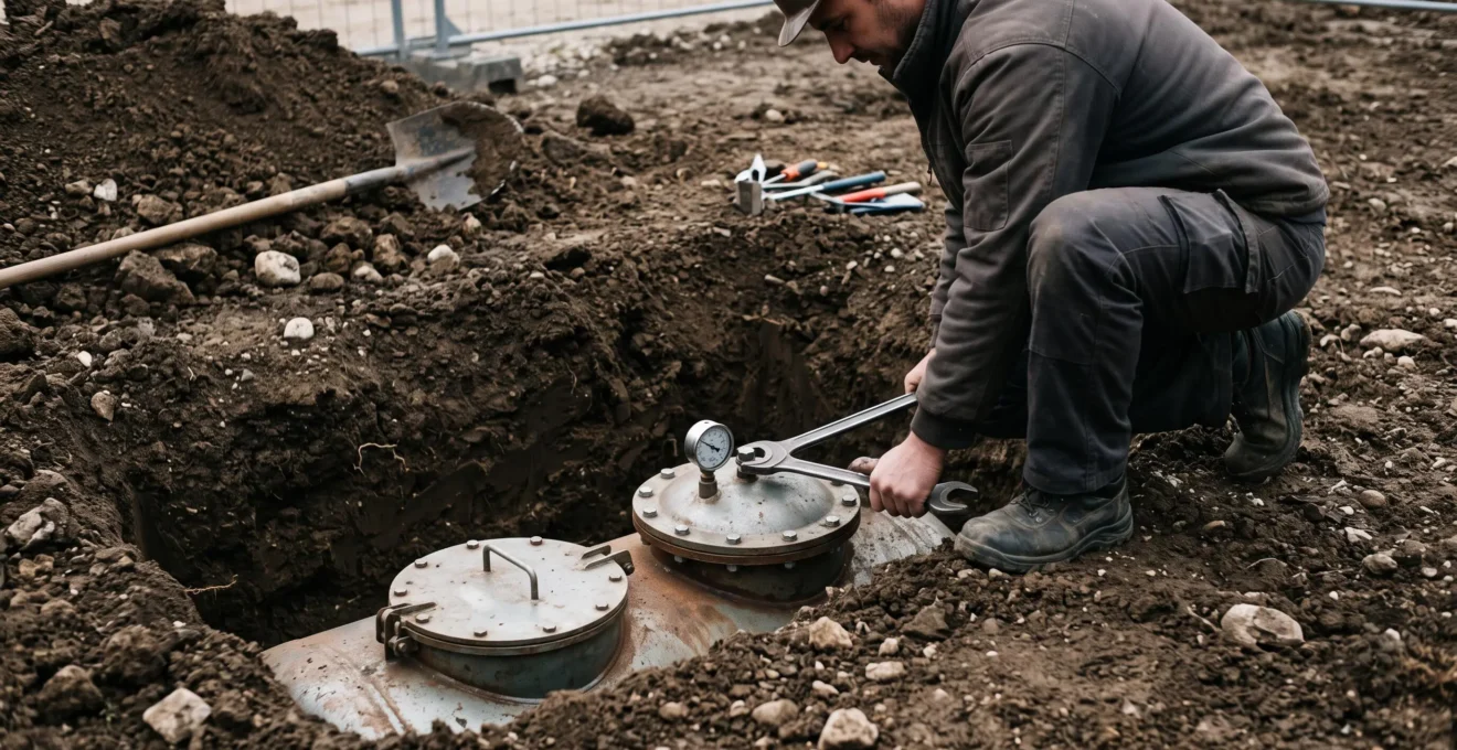 Un ouvrier serre le capot d'accès d'une citerne de gaz propane enterrée lors de son installation dans une excavation.