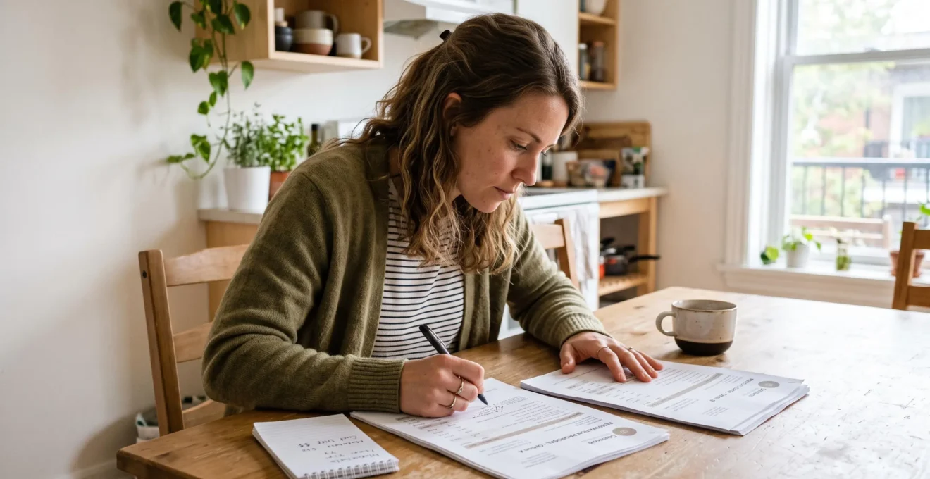 Une propriétaire assise à sa table de cuisine compare et annote deux devis de rénovation imprimés côte à côte.