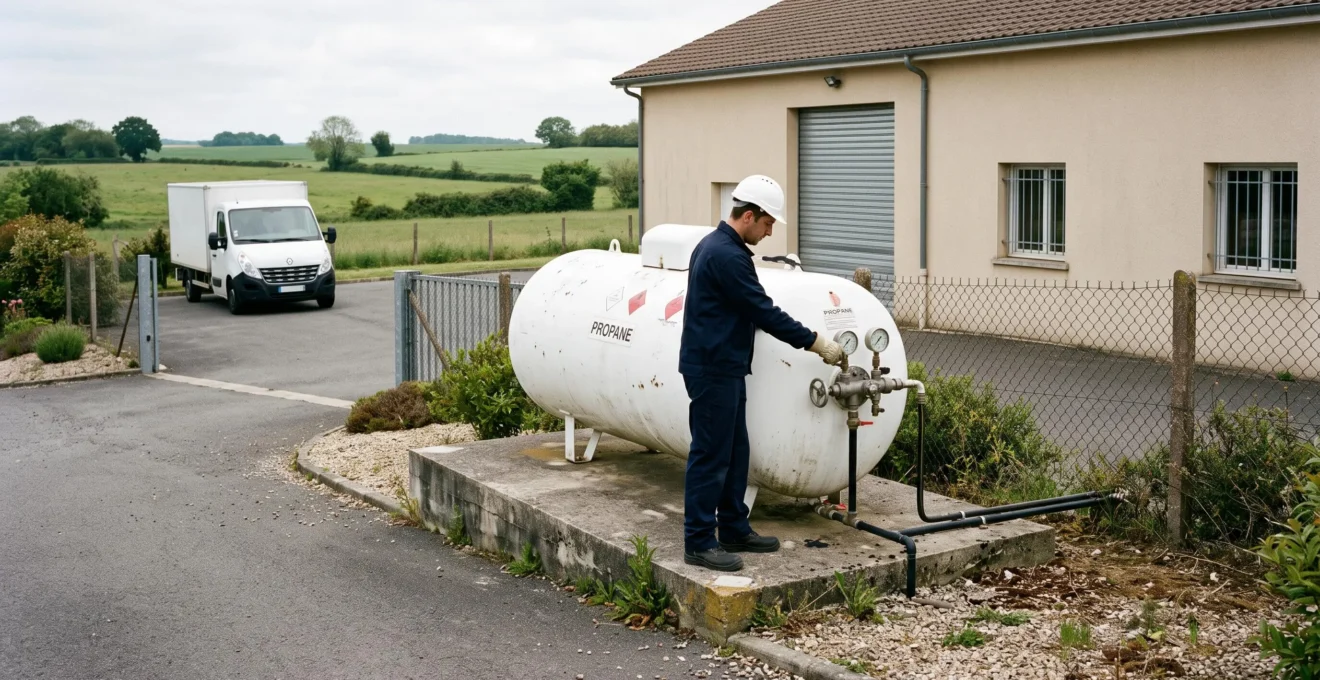 Un technicien vérifie les robinets d'une citerne de gaz propane aérienne installée à côté d'un local professionnel.