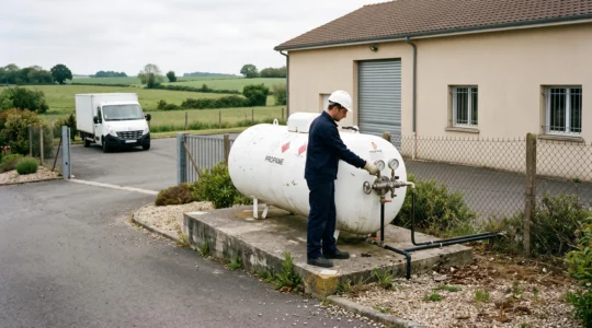 Un technicien vérifie les robinets d'une citerne de gaz propane aérienne installée à côté d'un local professionnel.