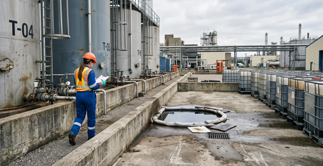 Un technicien inspecte une zone de rétention avec des cuves chimiques et des barrages absorbants sur un site industriel en France.