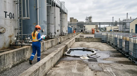 Un technicien inspecte une zone de rétention avec des cuves chimiques et des barrages absorbants sur un site industriel en France.