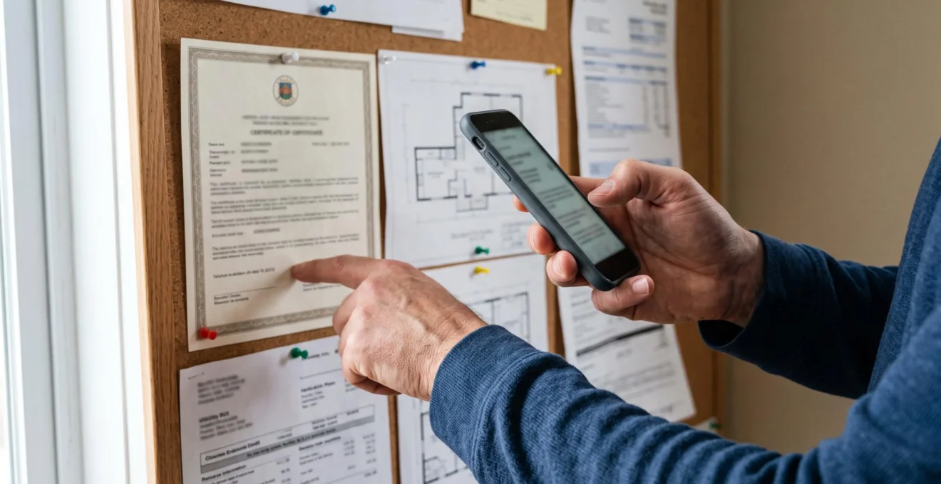 Une personne vérifie avec son téléphone un certificat de licence épinglé sur un tableau en liège dans un bureau à domicile.
